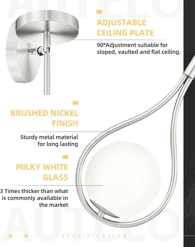 Autelo 2 Pack Pendant Lights Kitchen Island, 1-Light Pendant Lights in Brushed Nickel Finish with Milky White Globe Glass, Nickel Pendant Light Fixtures, Hanging Lamp for Kitchen Island H9377 MGST-2PK
