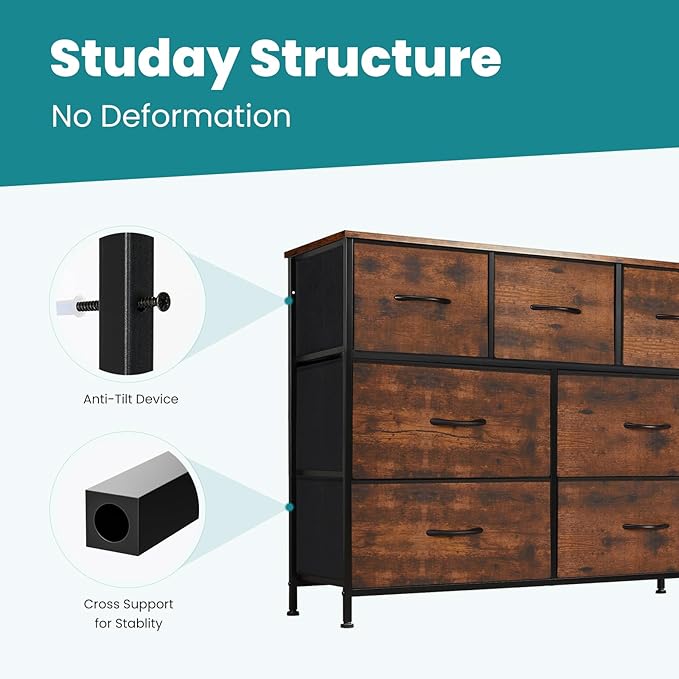 OLIXIS Dresser Nightstand for Bedroom, 7 Storage Drawers, Wide Fabric Closet Chests Organizer Tower Furniture, TV Stand with Wooden Top Frame for Clothes, Living Room, Hallway, Rust Brown