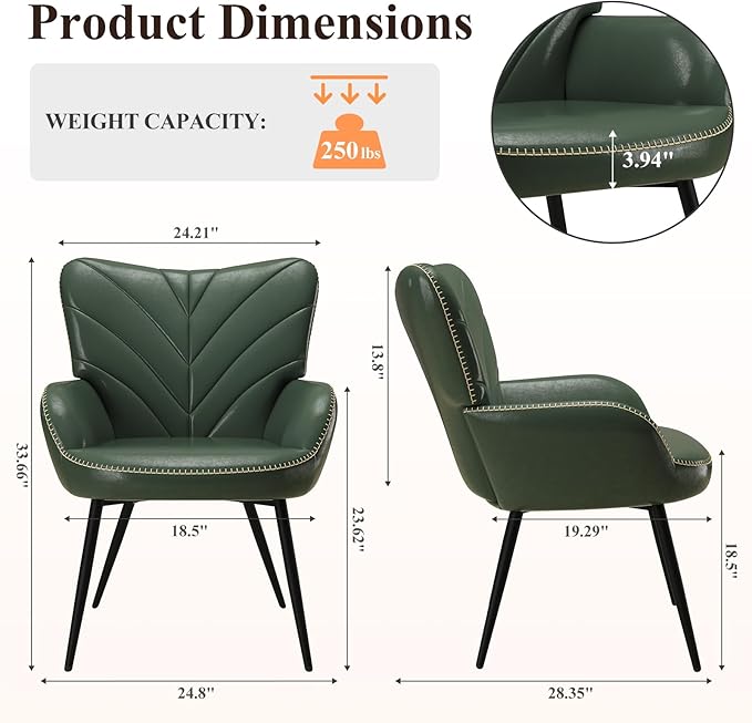 Mid-Century Modern Green Faux Leather Accent Chair, Upholstered Armchair for Living Room/Bedroom/Reading Corner, Curved Back & Padded Arms, High-Density Cushion, Metal Legs,Set of 2