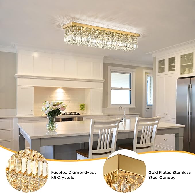 Siljoy Modern Gold Crystal Chandelier for Dining Room, 8-Light Rectangular Flush Mount Crystal Raindrop Chandelier, Luxury Dimmable Crystal Ceiling Light for Living Room Kitchen Island Bar L40''