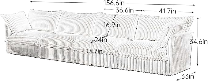 KEIKI 156" Corduroy Sectional Sofa with Throw Pillows, White 4 Seat Soft Sleeper Cloud Couch Set, Comfy Upholstered Modular SofaBed for Apartment Living Room, Cream