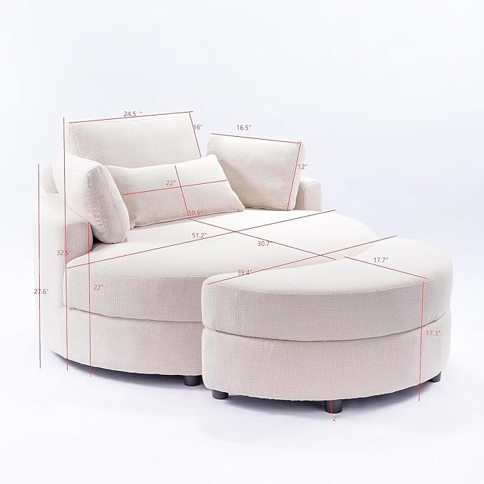 ERYE Oversized Round Accent Barrel Chair with Storage Ottoman and Adjustable Headrest, Modern Linen Upholstered Leisure Recliner Armchair for Living Room Bedroom