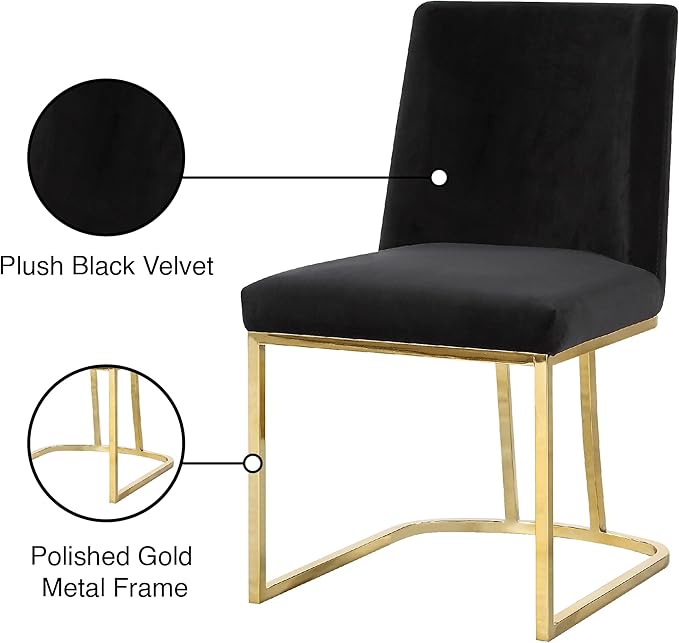 Meridian Furniture Heidi Collection Modern | Contemporary Velvet Upholstered Dining Chair with Polished Gold Metal Frame, Set of 2, 19" W x 23" D x 32" H, Black