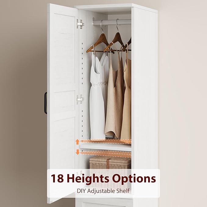 GarveeHome Armoire Wardrobe Closet with 2 Doors,72 in Wooden Wardrobe Cabinet with Hanging Rod, Narrow Tall Clothing Armoire Cabinet with 18 Adjustable Shelves for Bedroom, Clothes, Rustic White