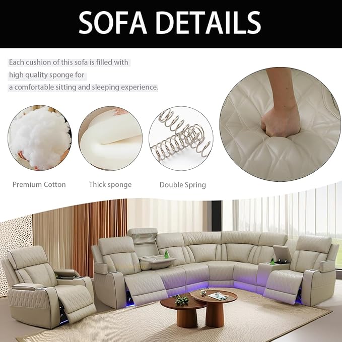 A Ainehome Furniture Reclining Sectional Sofa Set, Breathing Leather Furniture Set, L Shaped Recliner Couch with Storage Console for Living Room/Office/Home Theather(C-Beige)