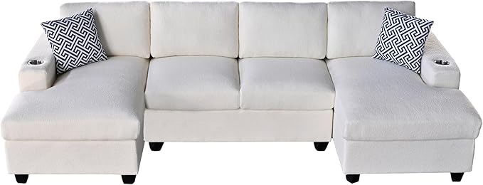 Ball & Cast 124" U-Shaped Sectional Sofa Couch for Living Room with Double Chaise,Cup Holders & Pillows,4 Seat Sherpa Upholstered Modern Modular Sectional Sofa Couches Set,for Home,Office,Beige