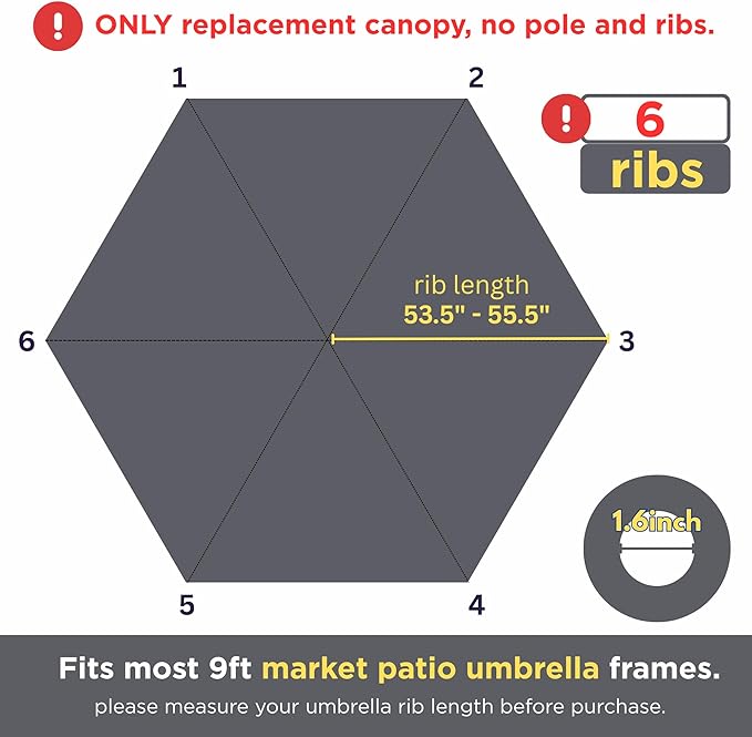 Sfmora 9ft Patio Umbrella Replacement Canopy for 6 Ribs, Outdoor Umbrella Canopy ONLY, Market Umbrella Top, Water-Resistant & UV-Protective