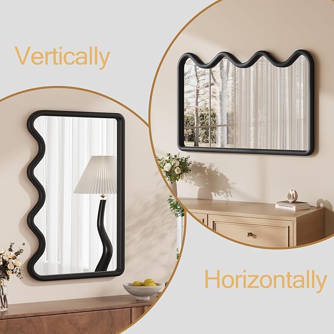 ULIKE Wavy Mirror for Wall, Rustic Wood Mirror for Bathroom Vanity, 24x36 Wooden Wall Mirrors Decorative for Bedroom, Living Room, Entryway, Black
