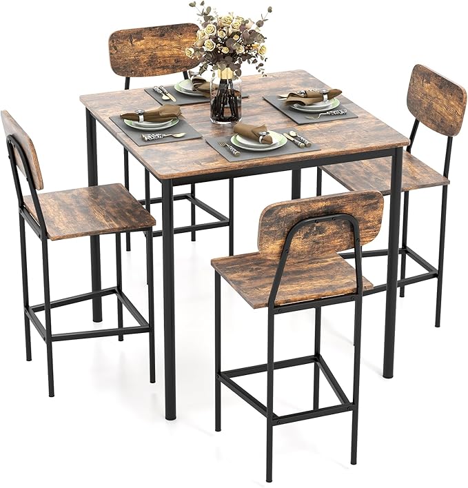GOFLAME 5-Piece Dining Table Set for Small Space, Kitchen Table and Chairs Set for 4 with Steel Frame, Square Breakfast Table Set, Industrial Counter Height Table Set for Home Restaurant, Rustic Brown