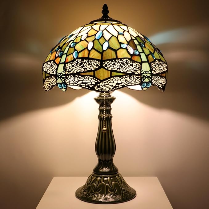 Tiffany Lamp Stained Glass Table Lamps Amber White Dragonfly Style Desk Lamp 12X12X18.5 Inch Bronze Ceramic Base Reading Light Suitable for Bedside Bedroom Living Room Dining Room Office