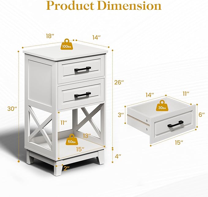 White Nightstand, Tall Side Table with 2 Drawers and Open Shelf, Bedside Table with Solid Feet, Modern Night Stand End Table for Bedroom, Home Office, White