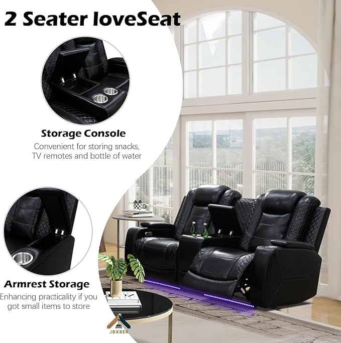 Power Reclining Sofa Set for Living Room, Leather Recliner Loveseat and Couch with Drop-Down Table, Power Pads, Cup Holders, Storage Console for House/Home Teather(Sofa and Loveseat, Black)