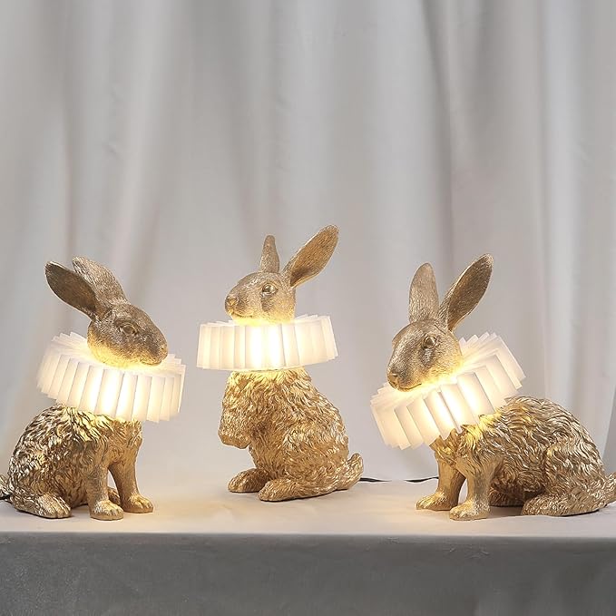 Scarf Rabbit Table Lamp,Resin Crafted Gold Bunny Lamp Featuring White Pleated PC Lampshade,USB Plug,Energy-Efficient Nightstand Lamp (Gold Standing)