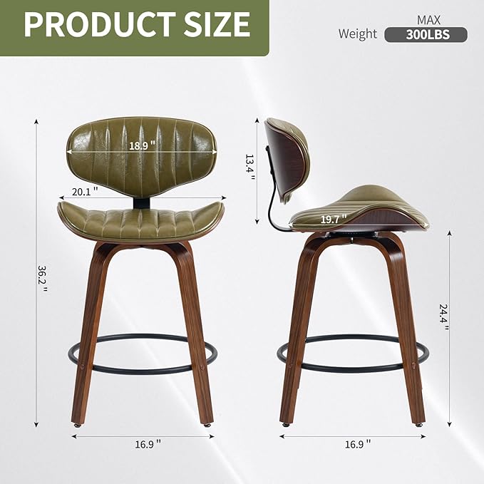 Modern Bar Stools Set of 2, 24 inch PU Leather Wooden Bentwood Barstools Counter Height Swivel Breakfast Bar Chairs with Backrest Footrest for Kitchen Island, Dining Room D035-Olive Green-2