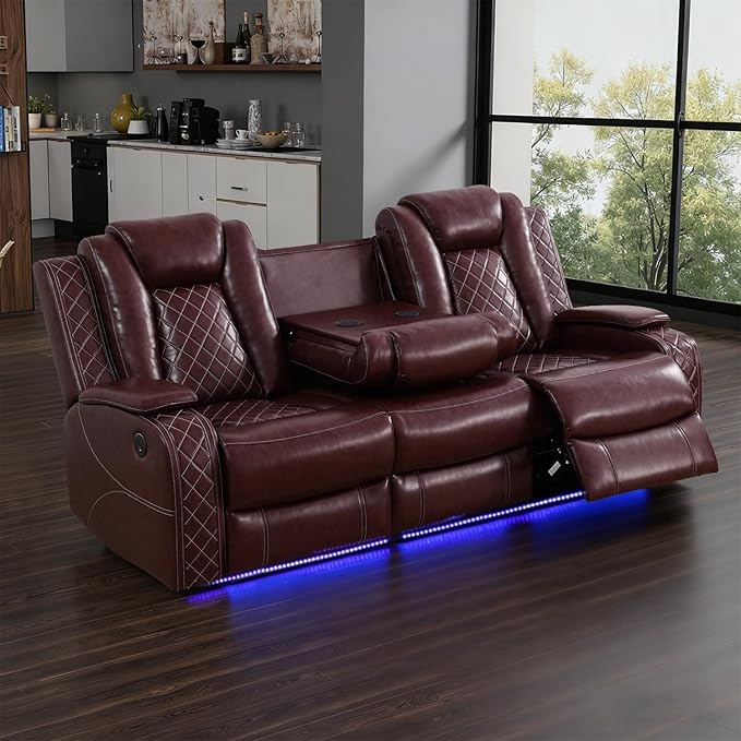 Power Leather Reclining Sofa with LED Light,Double Recliner Sofa with Drop Down Coffee Table/USB Port/Storage,3 Seater Leather Couch for Living Room Furniture Sets(3 Seats,Burgundy)