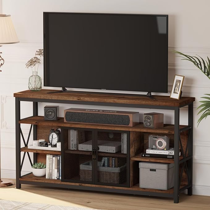 BON AUGURE Tall TV Stand for TVs up to 65 Inch, Industrial Wood Entertainment Center with Storage Cabinet, Farmhouse TV Media Console for Living Room and Bedroom (32 Inch High, Rustic Oak)