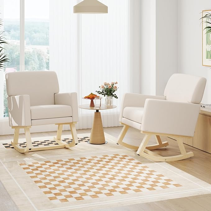 Giantex Upholstered Rocking Chair, Nursery Rocking Chair w/Widened Back, Machine-Washable Seat Cushion Cover, Solid Rubber Wood Frame, Glider Rocker Accent Chair for Living Room, Bedroom, Beige
