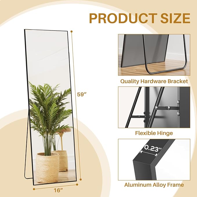 Mirror Full Length 59"x16" Rectangle Floor Mirror with Stand, Aluminum Alloy Frame & Shatterproof Glass Full Body Mirror, Freestanding Hanging or Leaning Wall Mirrors for Bedroom Closet Living Room