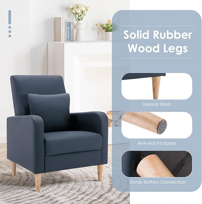 COLAMY Modern Upholstered Accent Chair Armchair with Pillow, PU Leather Reading Living Room Side Chair,Single Sofa with Wood Legs, L-Blue