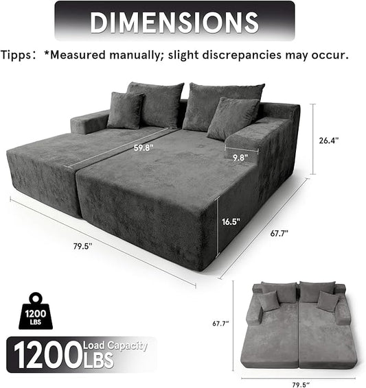 Sytopia Loveseat Chaise Lounge with Armrests, Oversized Sofa Bed with 4 Pillows, Cozy Boneless Sleeper, Modular Sectional Couch for Living Room Bedroom, Floor Chair Furniture sala Chenille, Black