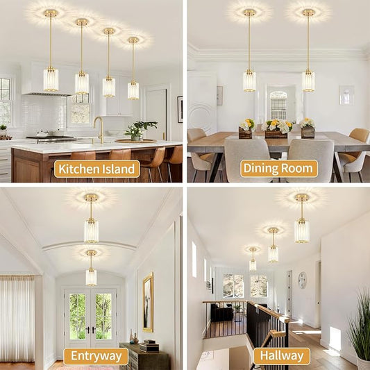 3 Pack Pendant Lights Kitchen Island Brass Gold, Modern Crystal Kitchen Pendant Hanging Lighting Fixtures Mini Chandelier Pendant Light for Hallway Dining Room Bathroom Over Table Bedroom