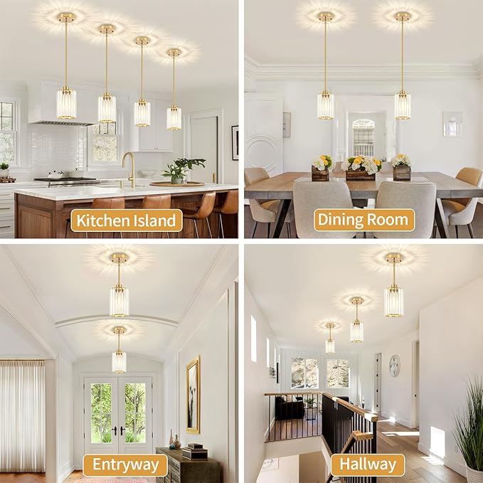 2 Pack Pendant Lights Kitchen Island, Modern Brushed Gold Pendant Light Fixtures, Kitchen Hanging Lights Mini Chandelier Crystal Pendant Lighting for Island Dining Room Hallway Bedroom