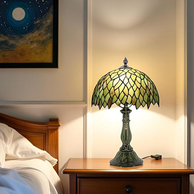 Tiffany Lamp Stained Glass Table Lamps Brownish Green Leafage Style Desk Lamp 12X12X18.5 Inch Bronze Ceramic Base Reading Light Suitable for Bedside Bedroom Living Room Dining Room Office