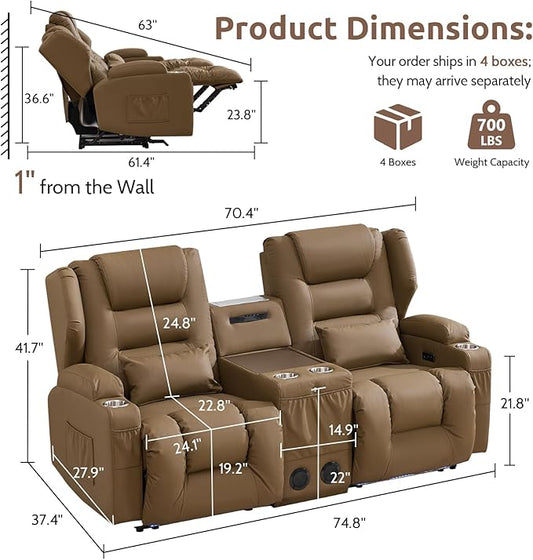 SAMERY Loveseat Recliner Sofa, Power Reclining Loveseat Sofa, Wall Hugger Recliners RV Couch with Console, Lift-Top Table, Rhythm & Ambient LED Lights, USB-C, Outlets, Faux Leather, Khaki | Extra Wide Seat, Plush Padding, Dual Power Recline, Lift-Up Ta...
