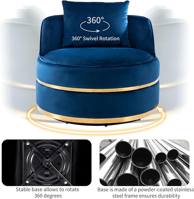 Merax 360° Swivel Accent Chair 32.6" Velvet Modern Upholstered Barrel Chair Comfy Soft Round Reading Sofa Chair with Seat Cushion for Living Room, Bedroom, Office, Apartment (Blue)