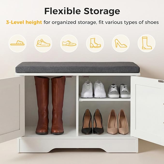 NEWBULIG 2-Tier Storage Bench, 28" Wide Shoe Bench with Padded Seat Cushion, Entryway Bench with 4 Barn Doors and Adjustable Shelf, White