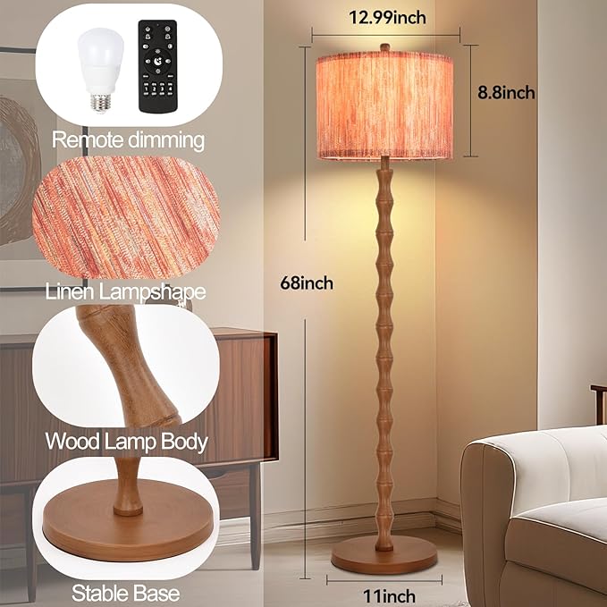 Wood Floor Lamps for Living Room Boho Farmhouse Floor Lamp with Remote Control,Dimmable LED Floor Lamp Mid Century Modern Standing Lamp with 3 Color Temperature Tall Floor Lamps For Bedroom Corner