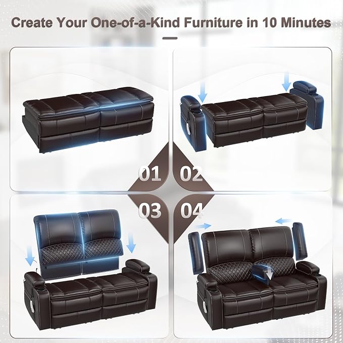 Yolsali Power Reclining Loveseat with Remote Control, Zero Wall Hugger RV Loveseat Recliner Sofa for Living Room with Removable Armrest, 2-Tier Cushions, Hidden Storage & USB Ports, PU Leather Brown