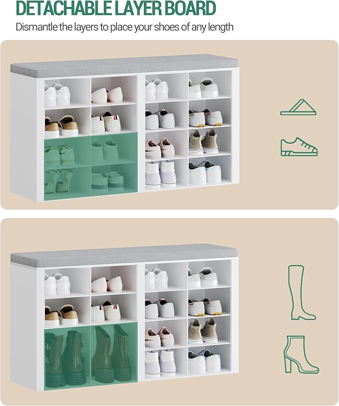 Shoe Bench with Cushion, Entryway Storage Bench with 16 Cubbies, Cubby Shoe Rack with Adjustable Shelves, Shoe Organizer Cabinet for Living Room, Bedroom, Entryway, White SB25603GY