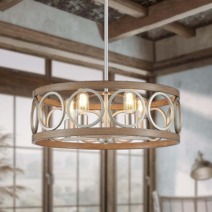 XINGQI 21.7" Drum Chandelier, Farmhouse Dining Room Light Fixture, Wood Grain Brushed Nickel Kitchen Lighting 5 Light with Round Metal Shade Vintage Hanging Light for Living Room Bedroom