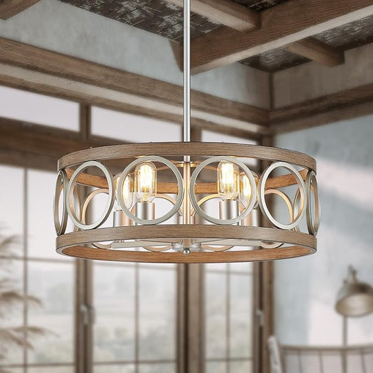 XINGQI 21.7" Drum Chandelier, Farmhouse Dining Room Light Fixture, Wood Grain Brushed Nickel Kitchen Lighting 5 Light with Round Metal Shade Vintage Hanging Light for Living Room Bedroom
