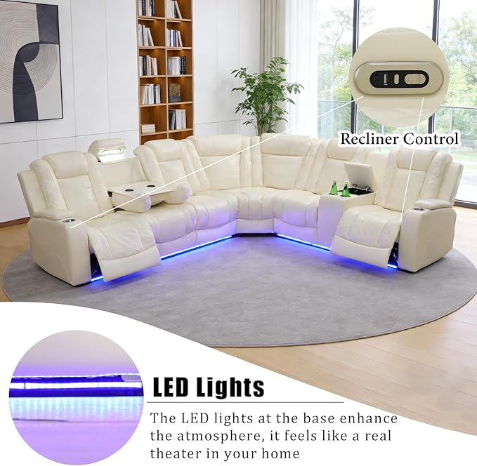 Power Recliner Sectional Sofa Set, Creamy Leather Sectional Couch and Loveseat for Living Room, L Shape Reclining Sofa with Cup Holder, Hidden Storage, Drop-Down Table for House(8 Seat)