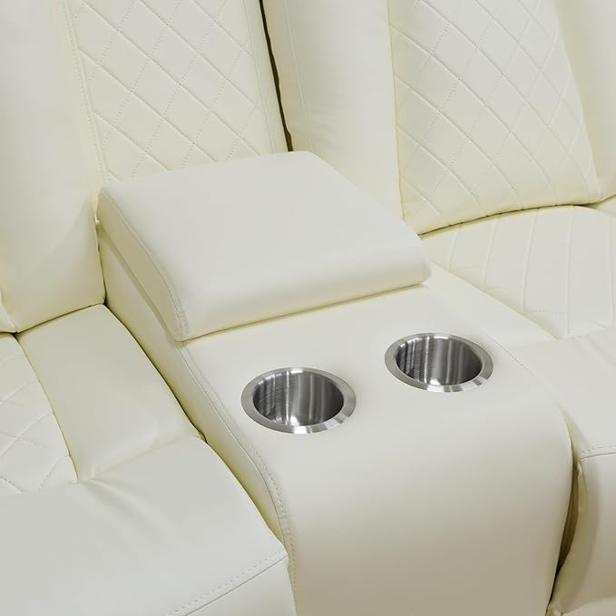 Power Leather Recliner Sofa Set with LED Light,Reclining Loveseat and 2*Chairs Set with Storage Console/USB Port/Cup Holder,Leather Couch for Living Room Furniture Sets(2+1+1 Seats,Creamy)