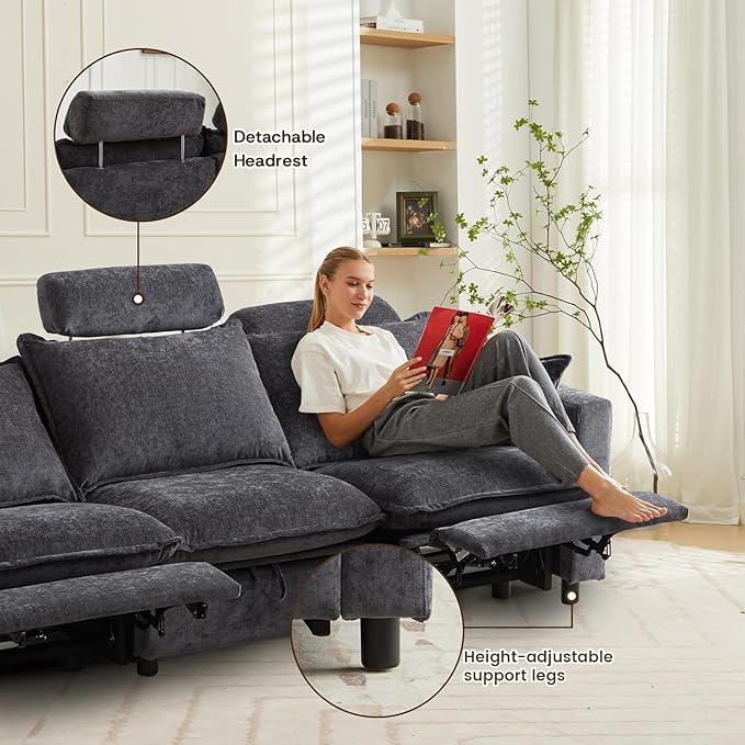 GUEAPY Power Reclining Sofa Cloud Couches for Living Room-Cloud Couch Sectional with Drawer,3 Seater Reclining Couches, Chenille Deep Reclining Sofa with Pillows, USB&Type-C Ports for Livingroom | Cloud Couch, Drawer, Deep Seat