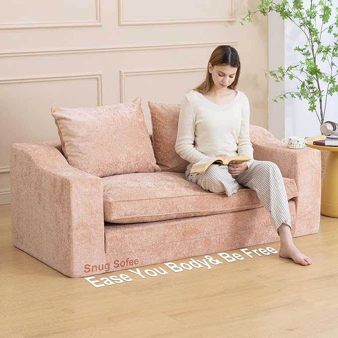 61" Convertible Sofa Bed Loveseat, Memory Foam Boneless Floor Couch with Removable Plush Velvet Cover, Tri-folding Compact Full-size Sleeper for Small Living Room, Playroom, Guest Room, RV (Pink) | Convertible Sofa Bed, Premium Memory Foam, Ergonomic D...