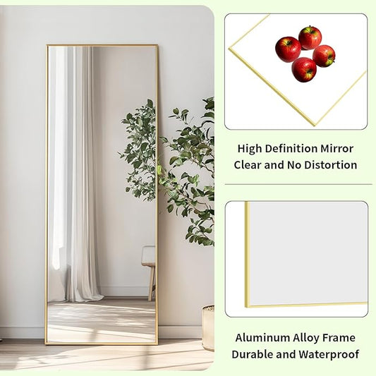 Gold Floor Mirror, Full Body Mirror with Aluminum Metal Frame, Floor Mirrors for Nursery, Baby Room, Entryway, Party, Dressing Room. (48x16 inch, Gold)