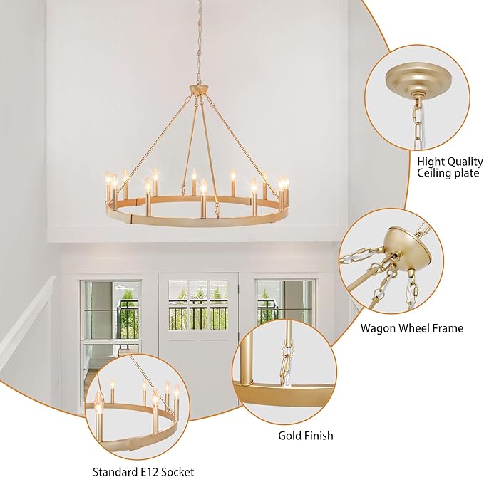 Gold Wagon Wheel Chandelier 37.4 inch, 12-Light Large Round Industrial Gold Farmhouse Chandeliers for High Ceilings Dining Room Living Room Foyer Entryway Outdoor Porch