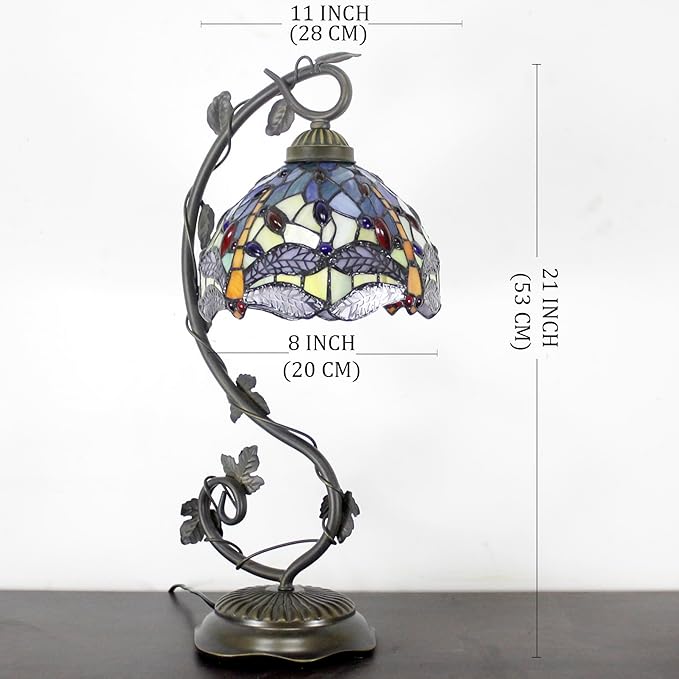 WERFACTORY Tiffany Lamp Stained Glass Table Lamp Blue Yellow Dragonfly Style Desk Light Metal Leaf Base 8X10X21 Inches Decor Small Space Bedroom Home Office S128 Series