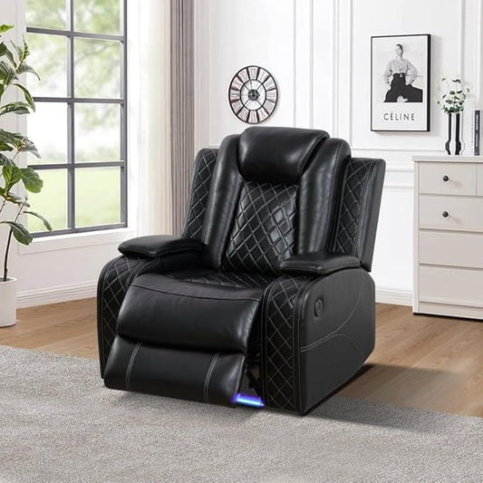 Electric Power Recliner Chair Living Room Furniture, Comfy Wide Lazy Home Theater Breathing Leather Seating with USB 2.0 Charging Ports, LED Light Strips (Black)
