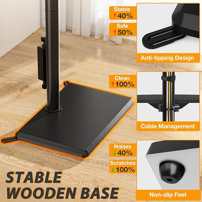 TVON Floor TV Stand with Power Outlet, TV Mount Stand for 32-60 inch TVs up to 88 lbs, Swivel TV Stand Mount with Height Adjustment and Safety Wood Base for Office, Corner, Max VESA 400x400mm