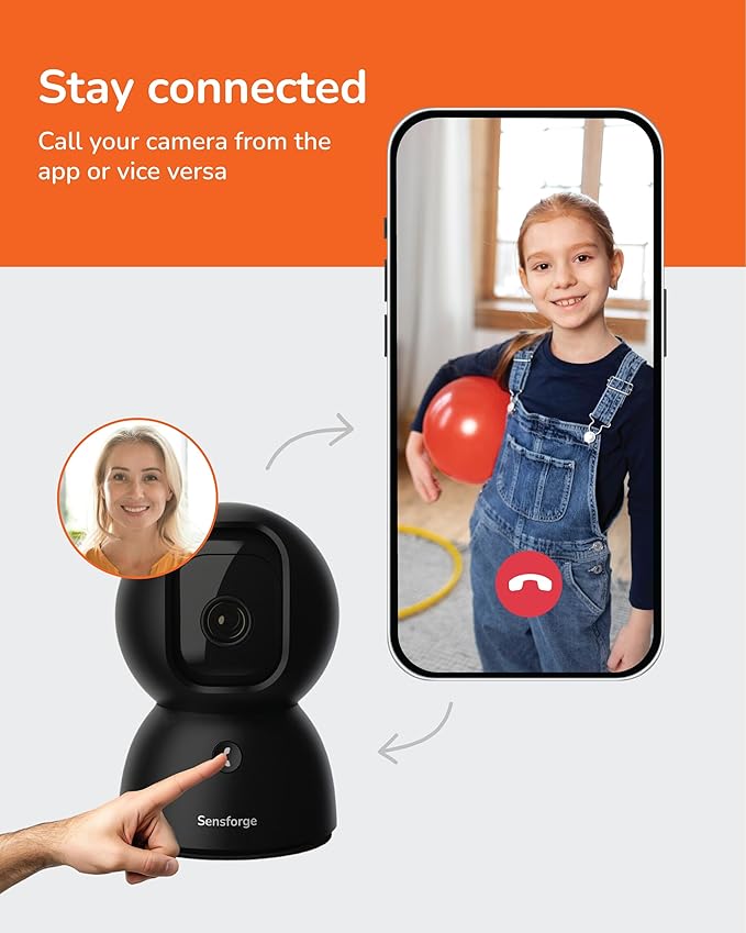 Sensforge 2.5K Indoor Pan-Tilt Dome Security Camera, 360° Coverage, AI Human & Pet Detection, Two-Way Talk, Dual-Band Wi-Fi (2.4G/5G), 64GB SD Card, Free Basic Plan, Optional Subscription (1, Black)