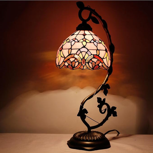 WERFACTORY Tiffany Table Lamp Pink Stained Glass Baroque Style Reading Desk Light, Metal Leaf Base 8X10X21 Inches Decor Small Space Bedside Bedroom Home Office S003P Series