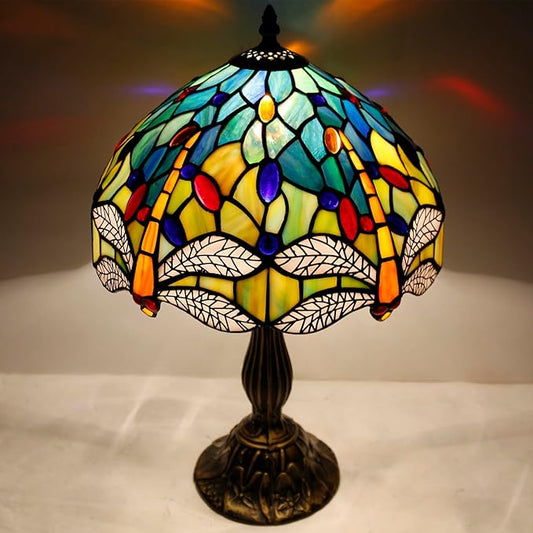 WERFACTORY Tiffany Lamp Sea Blue Yellow Stained Glass Dragonfly Style Table Lamp Nautical Reading Desk Bedside Light 12X12X18 Inches Decor Bedroom Living Room Home Office S128 Series