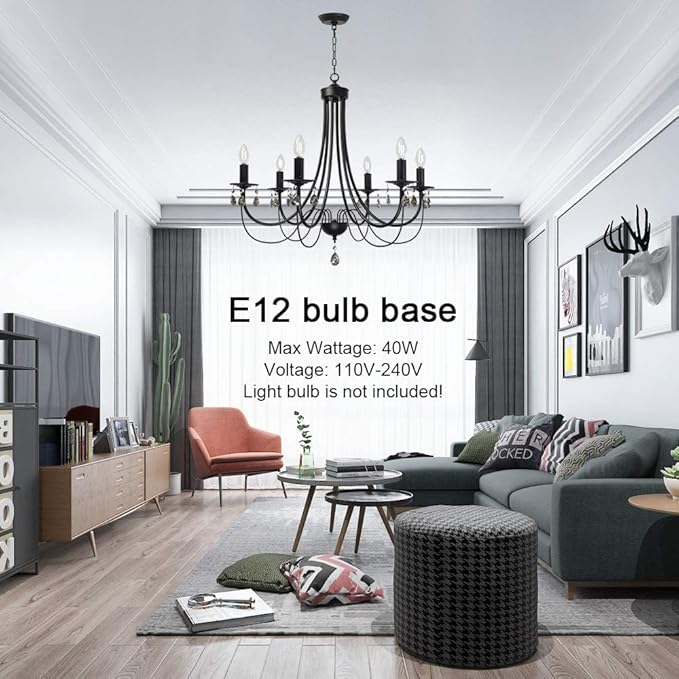 Black Chandeliers for Dining Room 6-Light Pendant Lights Modern Candle Chandelier with Brown Crystal Elegant Ceiling Lighting Fixtures Height Adjustable