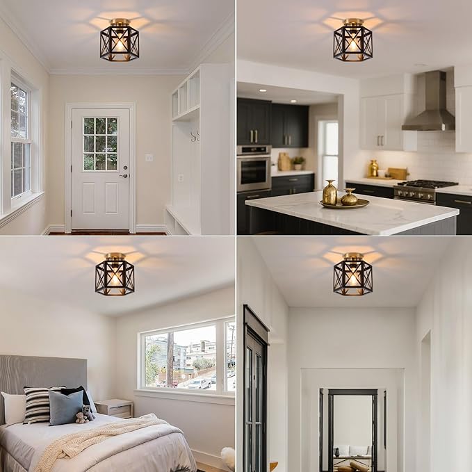 Black Gold Flush Mount Ceiling Light Fixtures, Farmhouse Ceiling Lights with Hexagonal Metal Cage, Modern Close to Ceiling Lamp, Small Chandelier for Kitchen Hallway Porch Bedroom, 2 Pack