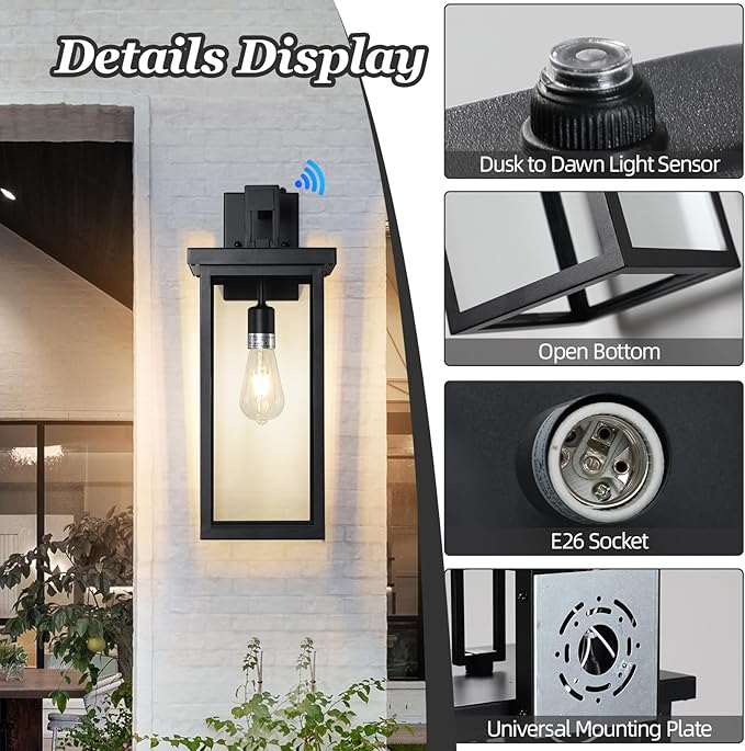 Large Exterior Lighting Fixtures Modern Wall Lantern,Outdoor Wall Lights with Clear Glass Shade,Outdoor Lamps for Patio Porch,Waterproof Outside Exterior Lights，Dusk to Dawn 20IN-1 Pack